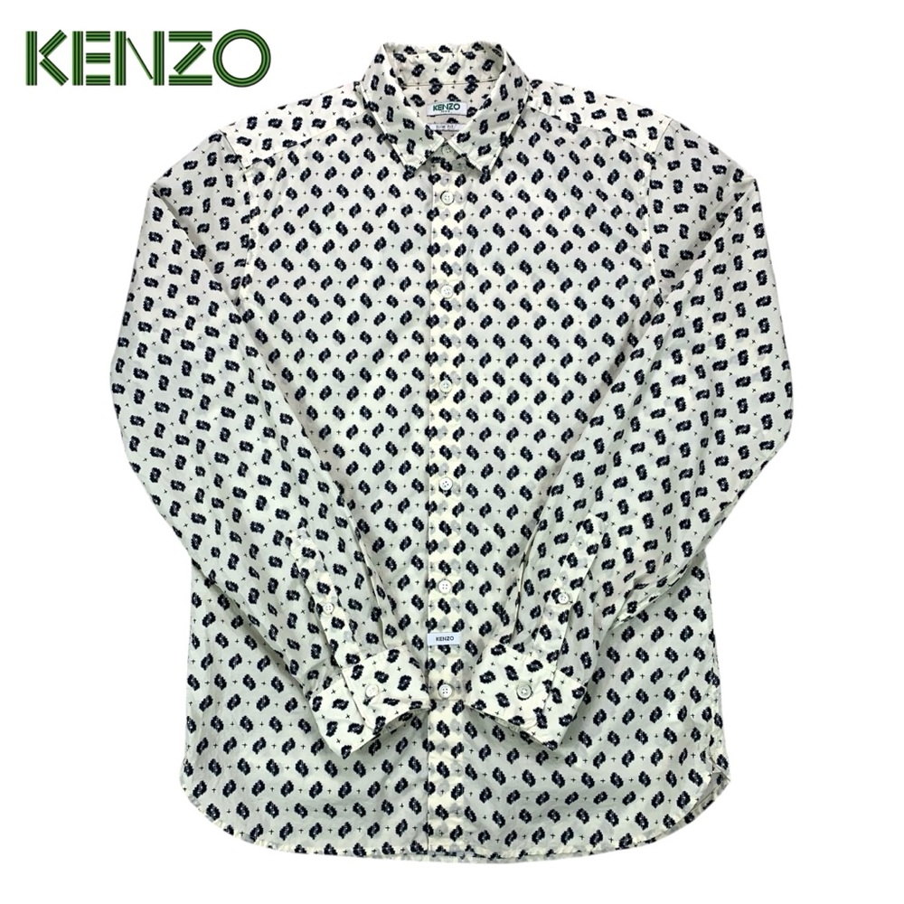 Kenzo Paris Men’s Small Slim Fit Button Shirt Cream Ikat Black Print 100% Cotton